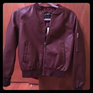Burgundy/ red faux leather bomber jacket
